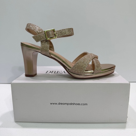 Dream Pairs Champagne Gold Glitter Strappy Platform Block Heel Sandals Women's 7 - Picture 1 of 9